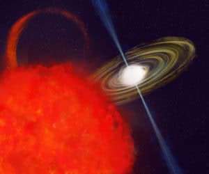 Artist’s impression of the long-period transient J1634+44, revealed to be a white dwarf with a companion. Credits: NSF/AUI/NSF NRAO/P. Vosteen