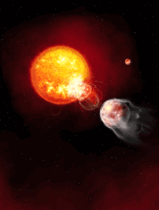 Image 2: Artist impression by Janine Fohlmeister. The illustration depicts the host star HIP 67522 and its orbiting planet HIP 67522 b. A powerful stellar flare is shown erupting from the star, directed toward the planet. The image shows the second known planet, HIP 67522 c, in the background.