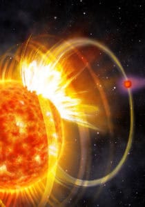Image 1: Artist impression by Danielle Futselaar. The illustration shows the host star HIP 67522 and its orbiting planet HIP 67522 b. A powerful stellar flare is shown erupting from the star, directed toward the planet. The image also visualizes the star&rsquo;s magnetic field lines, highlighting the magnetic connection between the star and the planet.