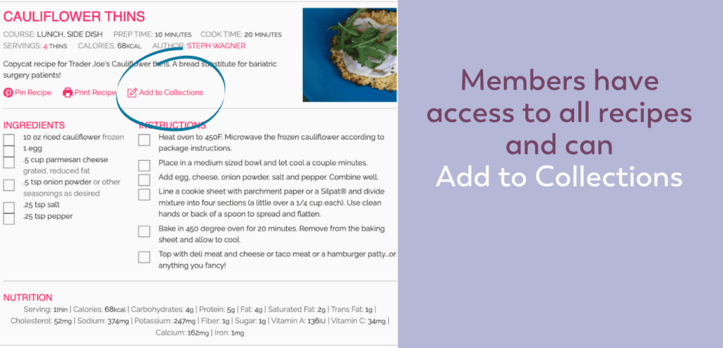 add recipes to collections for bariatric meal planning