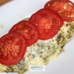 4 ingredient pesto chicken bake on a plate with bariatric food coach logo