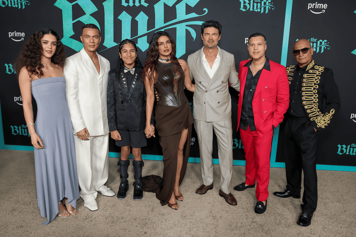 Safia Oakley-Green, Ismael Cruz Córdova, Vedanten Naidoo, Priyanka Chopra Jonas, Karl Urban, Frank E. Flowers, and Temuera Morrison attend Amazon Amazon MGM Studios "The Bluff" World Premiere on February 17, 2026 at the W Hollywood in Los Angeles.