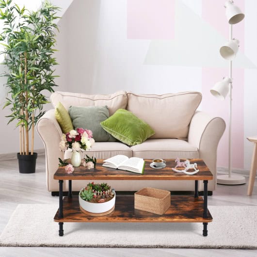 Industrial Coffee Table with Rustic Wood Top and Storage Shelf