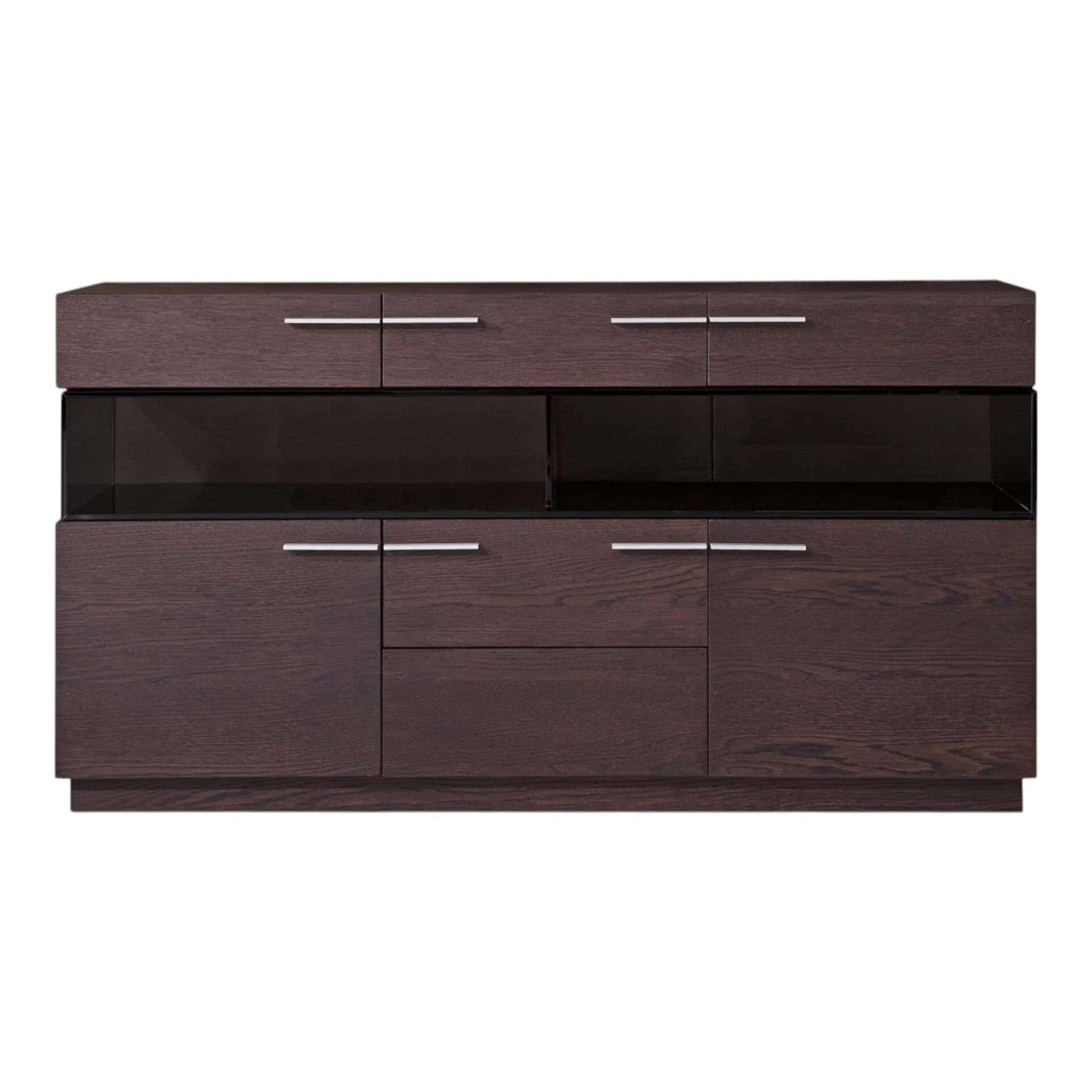 Brown Solid Wood Sideboard with Glass Doors and Storage Shelves