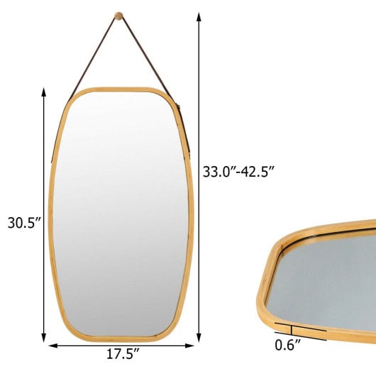 Adjustable Bamboo Wall Mirror with Leather Strap and Hook - Image 5