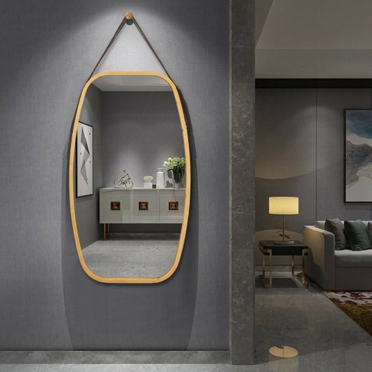 Adjustable Bamboo Wall Mirror with Leather Strap and Hook