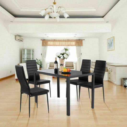 Modern Black Glass Dining Table and PVC Chairs (Set of 5)