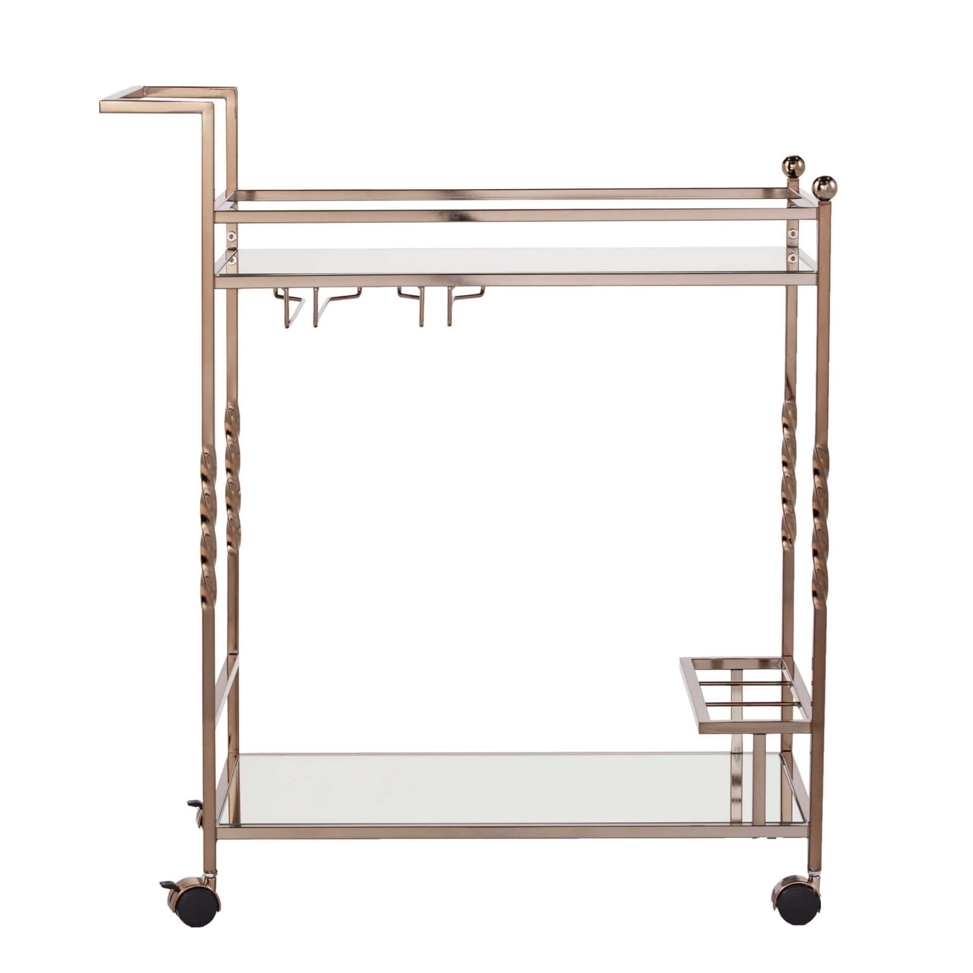 Champagne Metal Rolling Bar Cart With Mirrored Glass and Wine Storage - Image 5