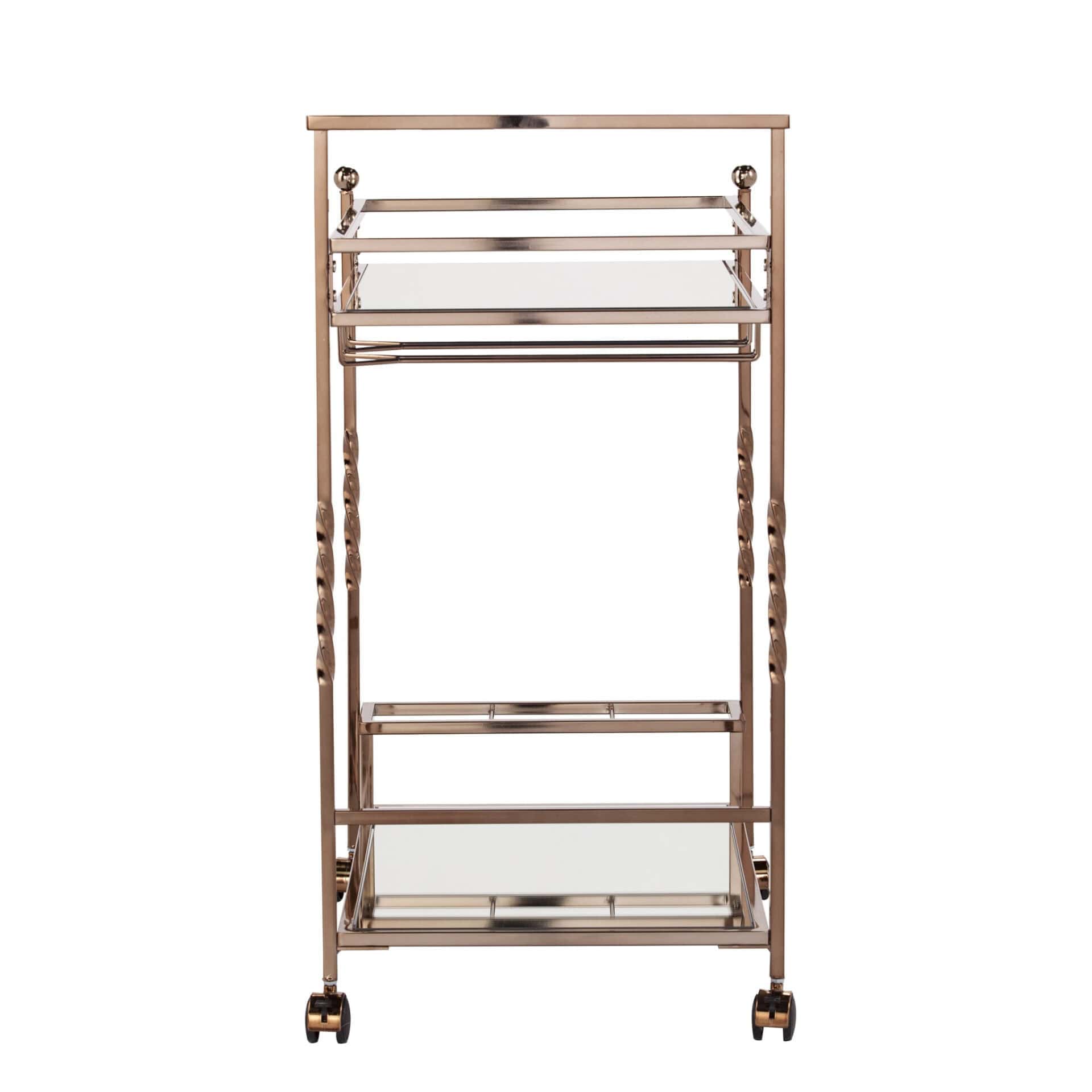 Champagne Metal Rolling Bar Cart With Mirrored Glass and Wine Storage - Image 6