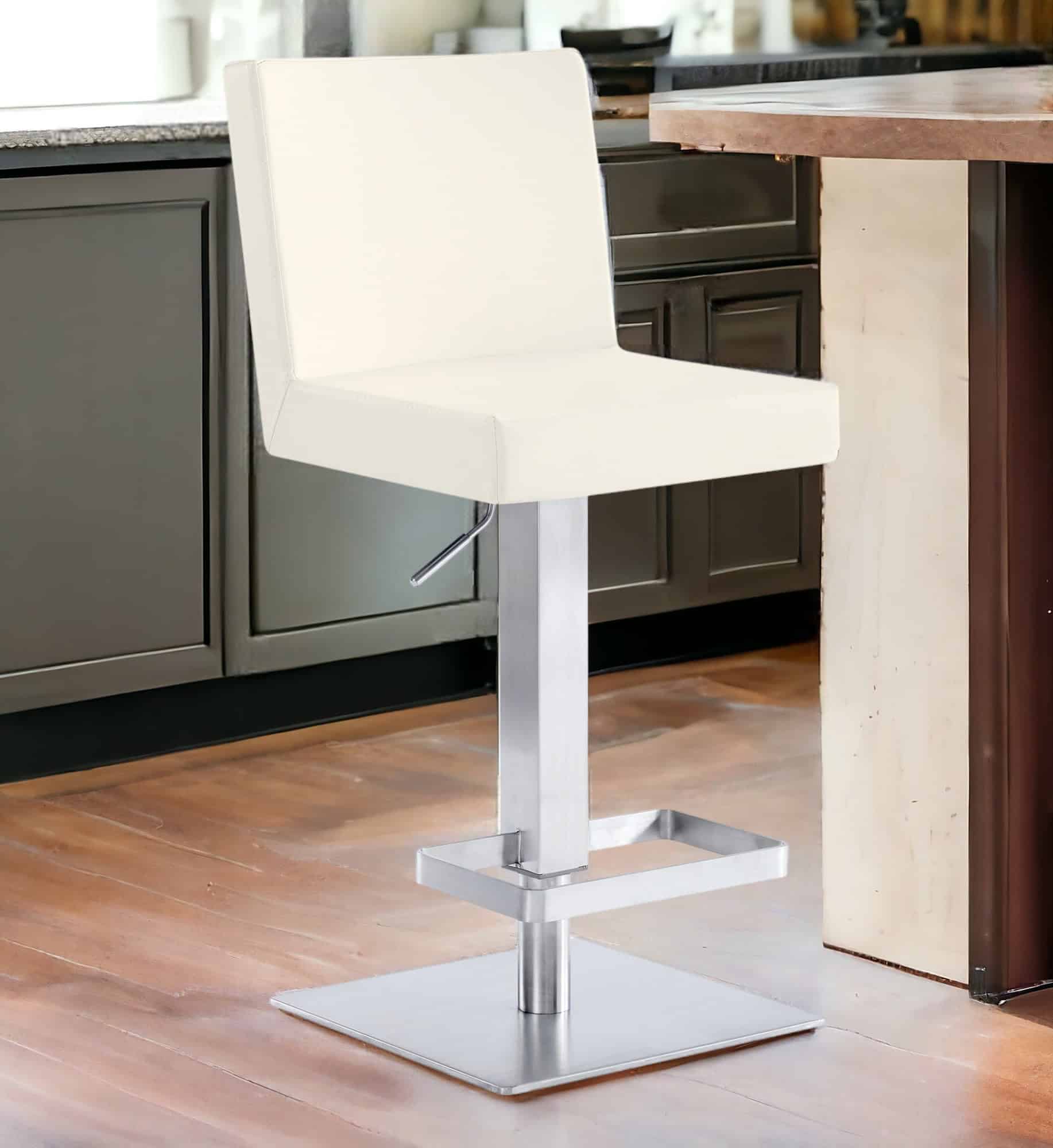 44 Inch White Faux Leather Adjustable Swivel Bar Stool