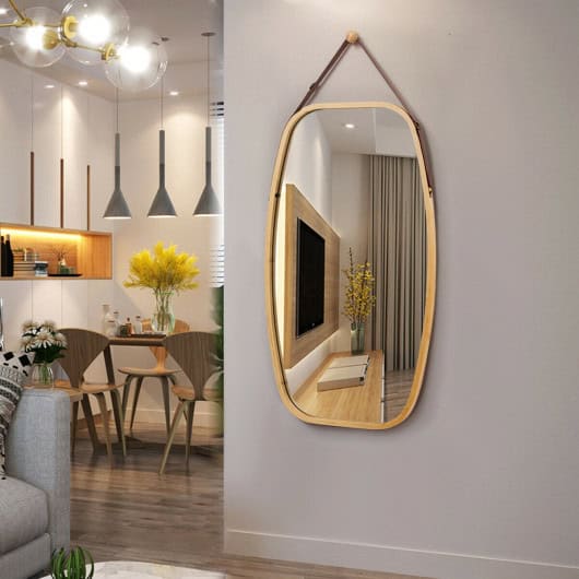 Adjustable Bamboo Wall Mirror with Leather Strap and Hook - Image 6