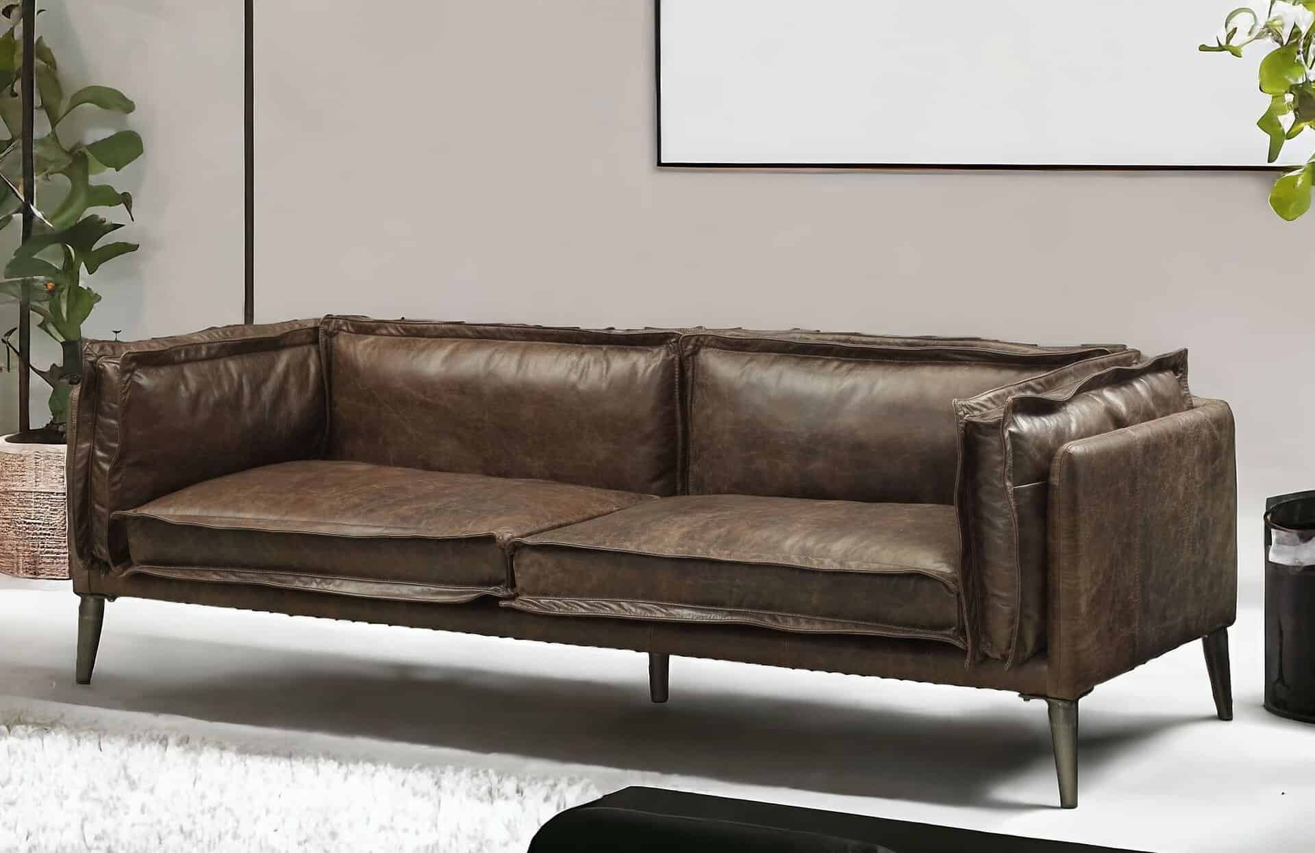 Chocolate Silver Top Grain Leather Loveseat with Square Arms 71-Inch