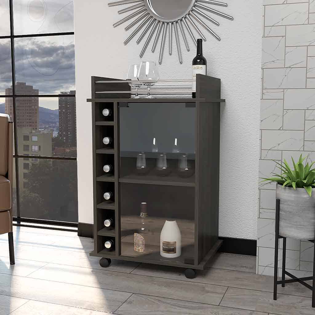 Espresso Rolling Bar Cart With Cabinet and 6-Bottle Wine Storage - Image 5