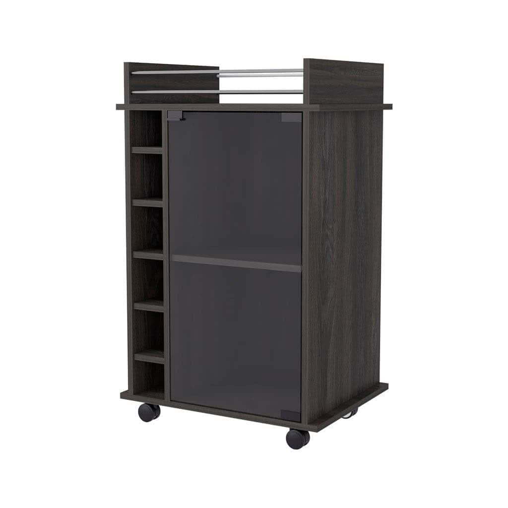 Espresso Rolling Bar Cart With Cabinet and 6-Bottle Wine Storage