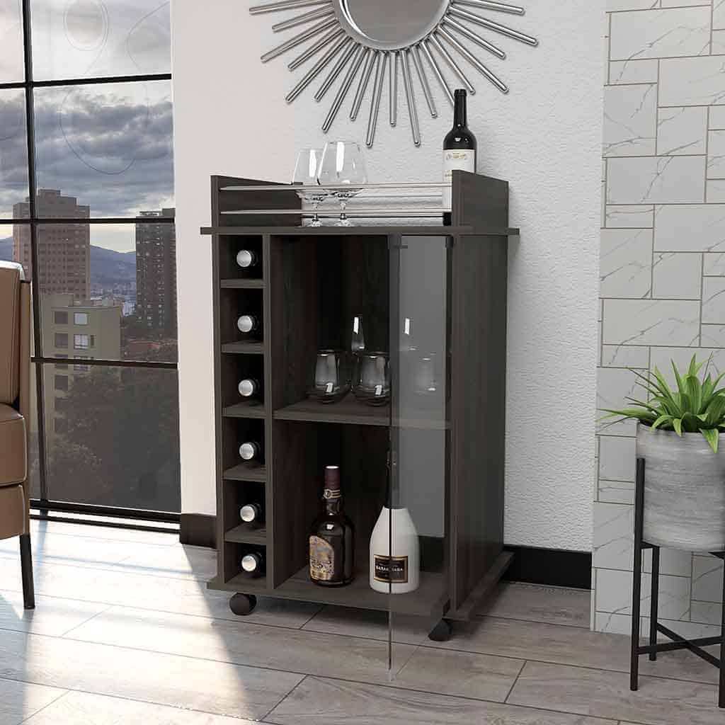 Espresso Rolling Bar Cart With Cabinet and 6-Bottle Wine Storage - Image 6