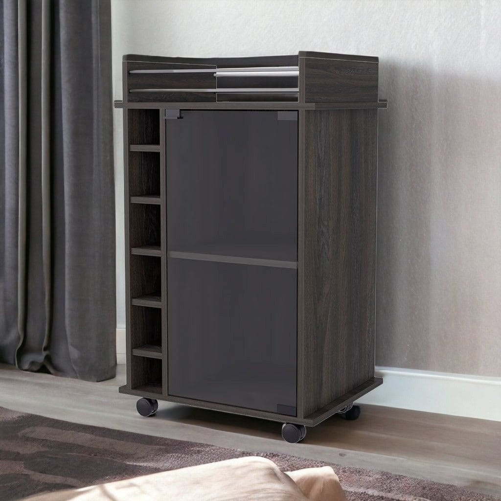 Espresso Rolling Bar Cart With Cabinet and 6-Bottle Wine Storage - Image 2