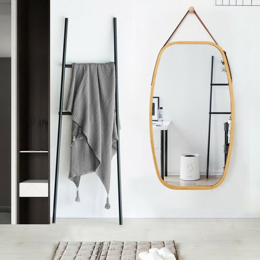 Adjustable Bamboo Wall Mirror with Leather Strap and Hook - Image 2