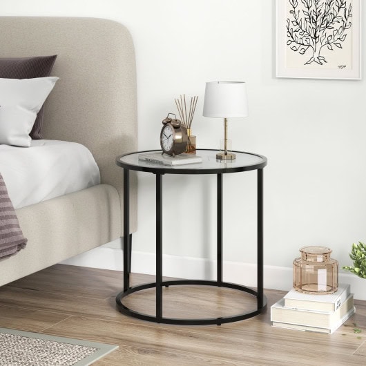 Modern Black Metal Frame End Table with Faux Marble Top