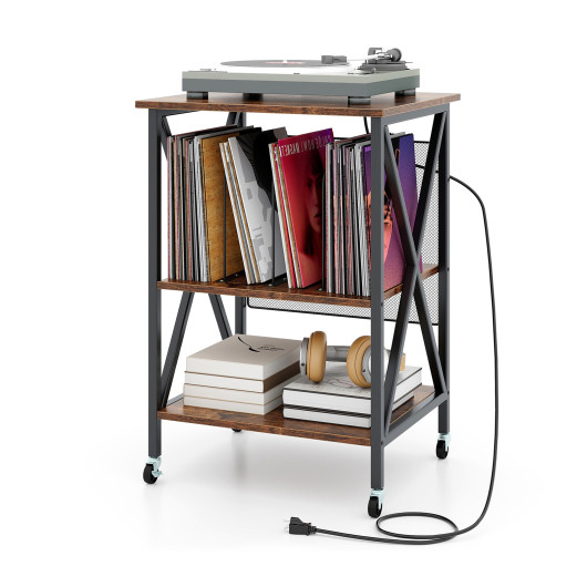 Mid Century Record Player Stand with Storage and Charging Station - Image 4