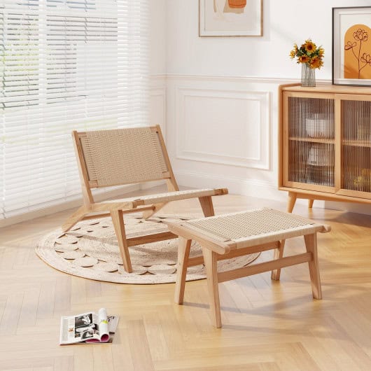 Teak Wood Ottoman with Braided Rope for Living Room - Image 2