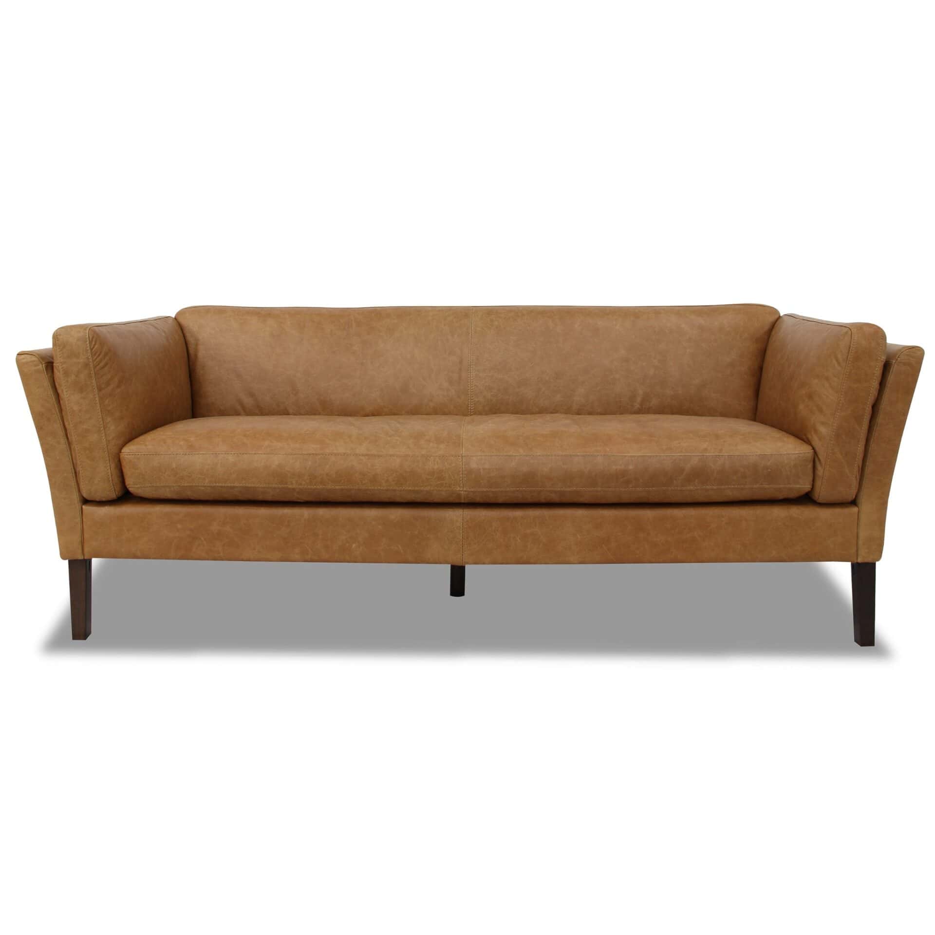 Tan Leather Sofa with Walnut Legs and Compact Design