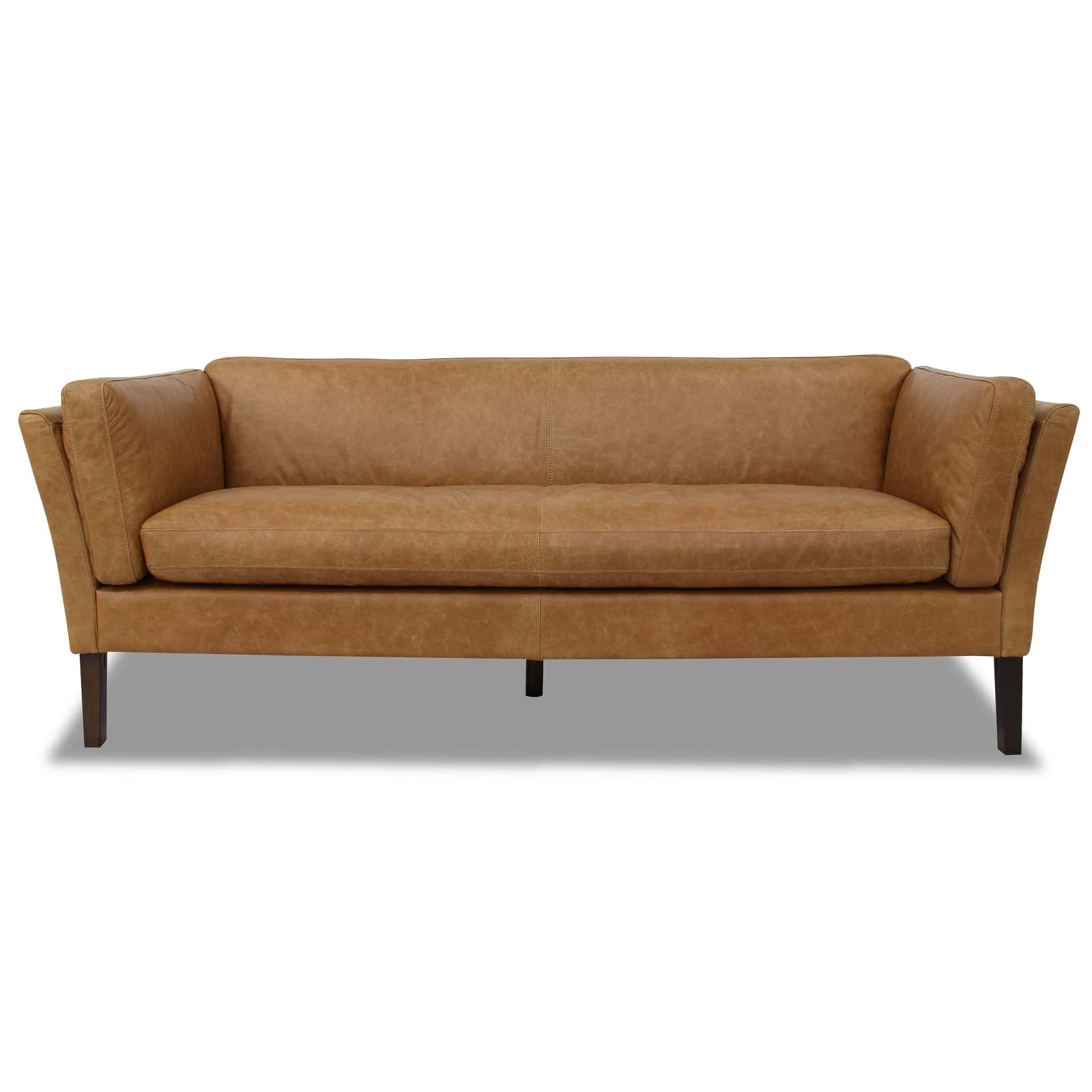 Tan Leather Sofa with Walnut Legs and Compact Design