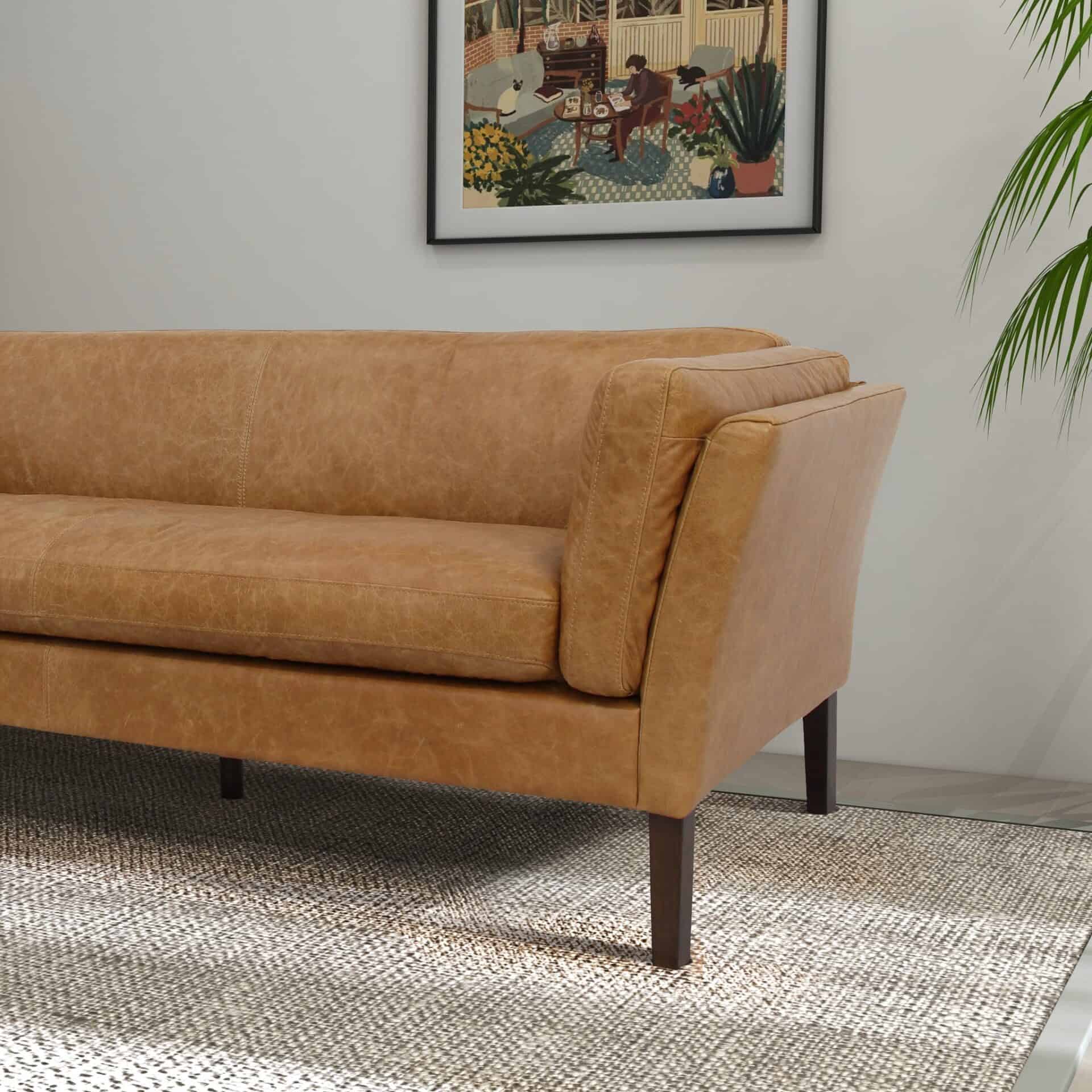 Tan Leather Sofa with Walnut Legs and Compact Design - Image 4
