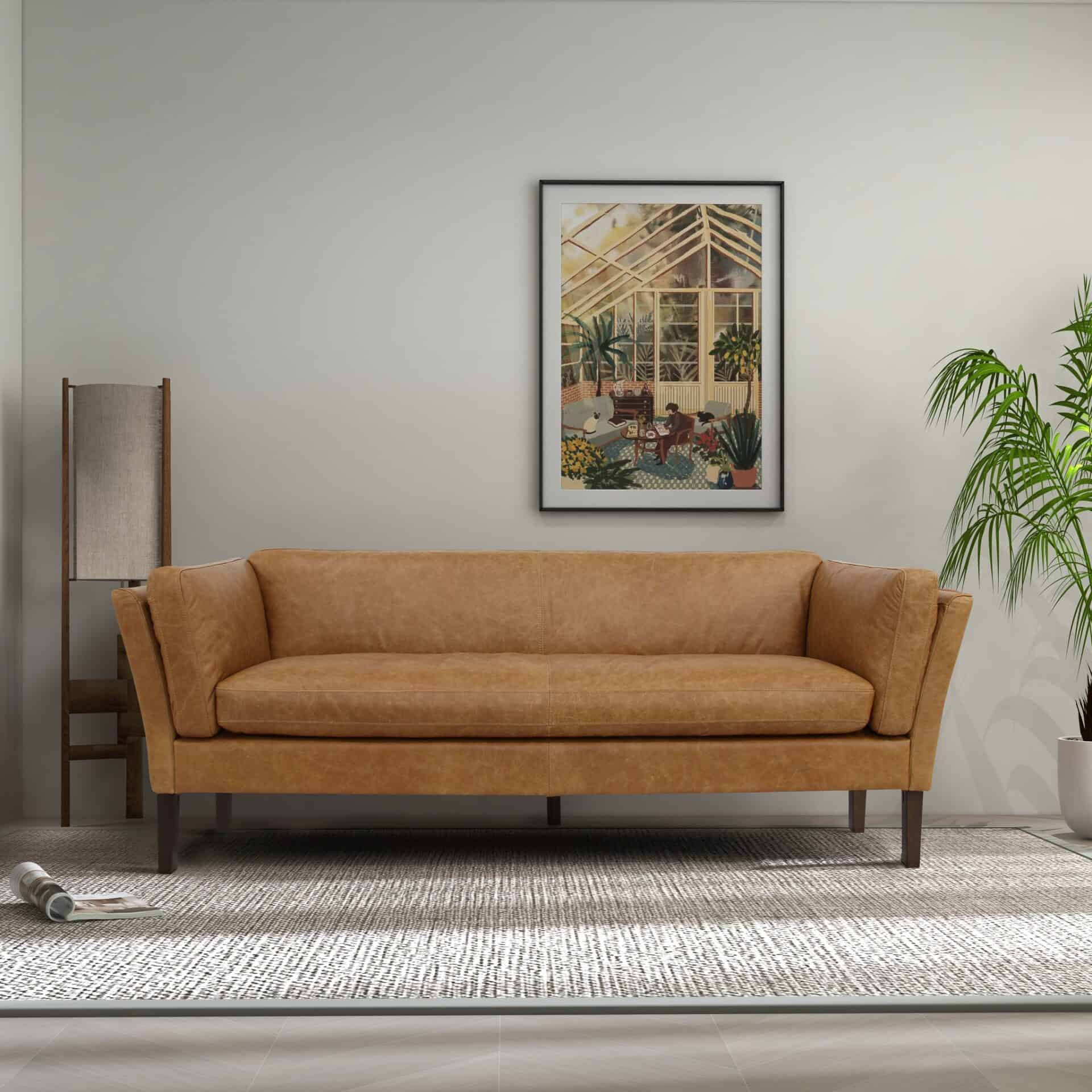 Tan Leather Sofa with Walnut Legs and Compact Design - Image 2