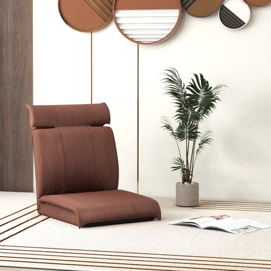 Adjustable Folding Floor Chair with Headrest and Linen Fabric