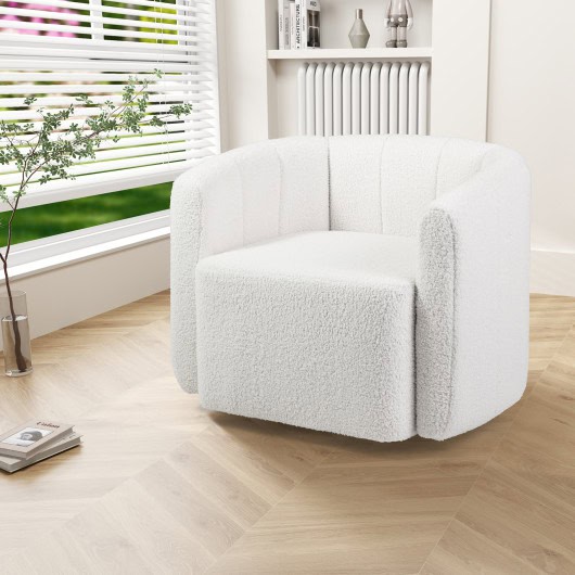 White Sherpa Upholstered Swivel Barrel Chair with Curved Backrest