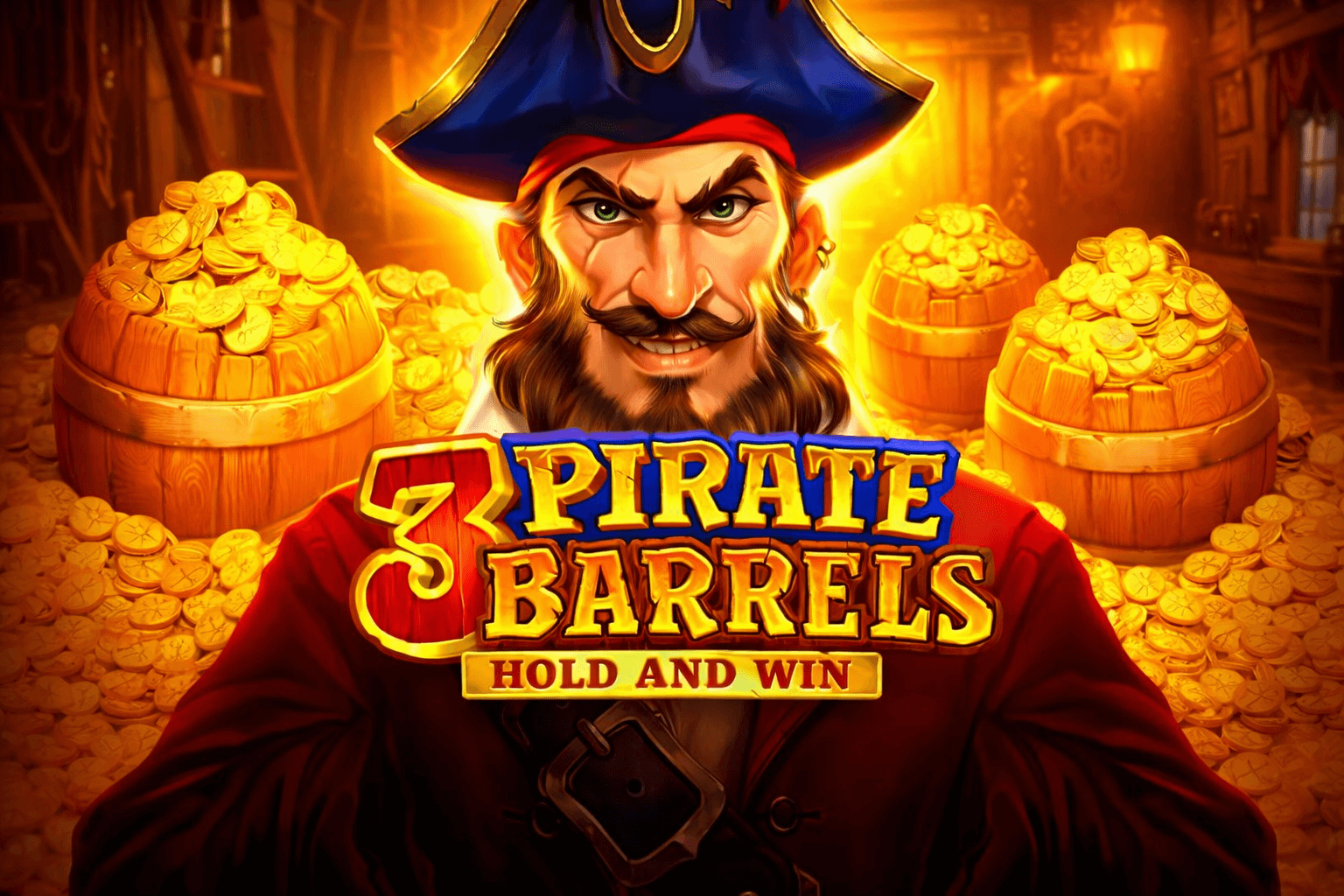 Illustration of a fierce pirate captain wearing a blue tricorn hat and red coat, staring forward with a determined expression, surrounded by wooden barrels overflowing with gold coins inside a glowing treasure room. The colorful game title “3 Pirate Barrels – Hold and Win” appears prominently in the foreground