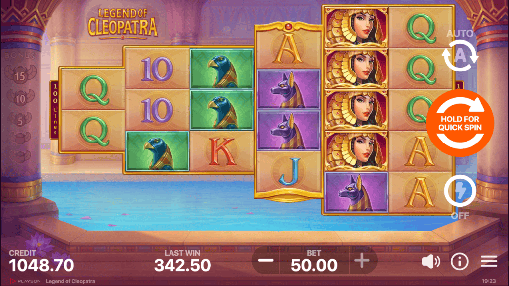 Legend of Cleopatra” slot game interface showing a multi-reel layout with Egyptian-themed symbols, including Cleopatra portraits, Anubis, Horus, and card letters (A, K, Q, J, 10). The reels are set in a golden temple environment above a blue water pool. On the right side, a large orange “Hold for Quick Spin” button is visible along with auto-spin controls. At the bottom, the UI displays Credit 1048.70, Last Win 342.50, and Bet 50.00, with sound and menu icons.