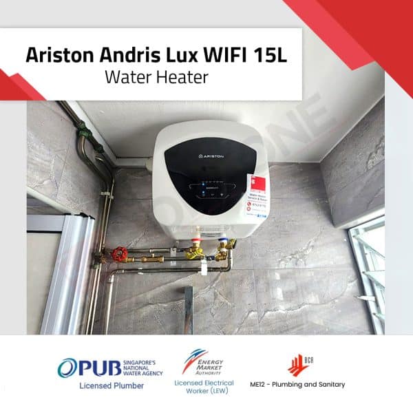 Ariston Andris Lux Wi-Fi 15L water heater with smart connectivity, LED display, and antibacterial AG+ technology.
