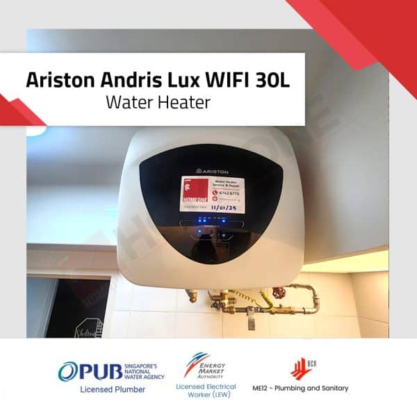 Ariston Andris Lux Wi-Fi 30L water heater with smart connectivity, LED display, and antibacterial AG+ technology.