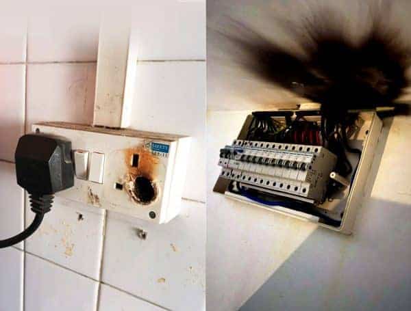 Burnt socket outlet and distribution board from a faulty water heater connection