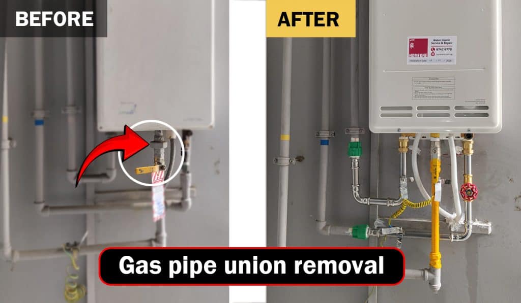 before after gas pipe union removal 1