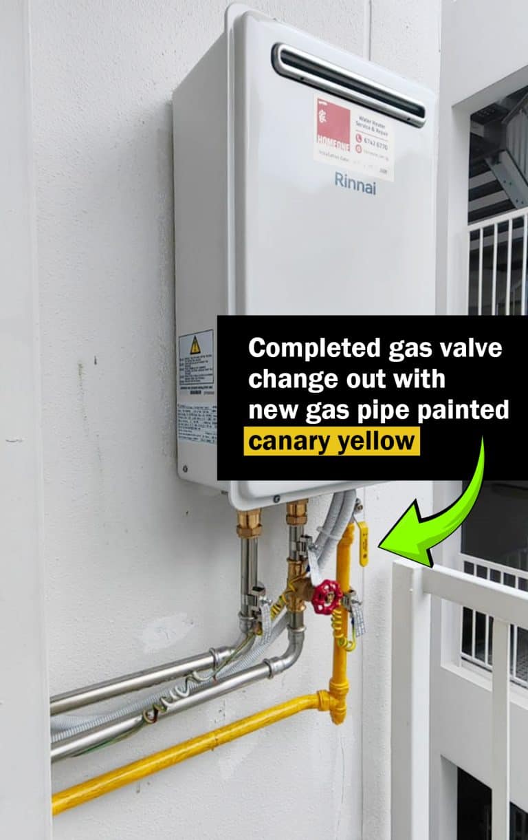 completed gas valve change out with new gas pipe painted canary yellow