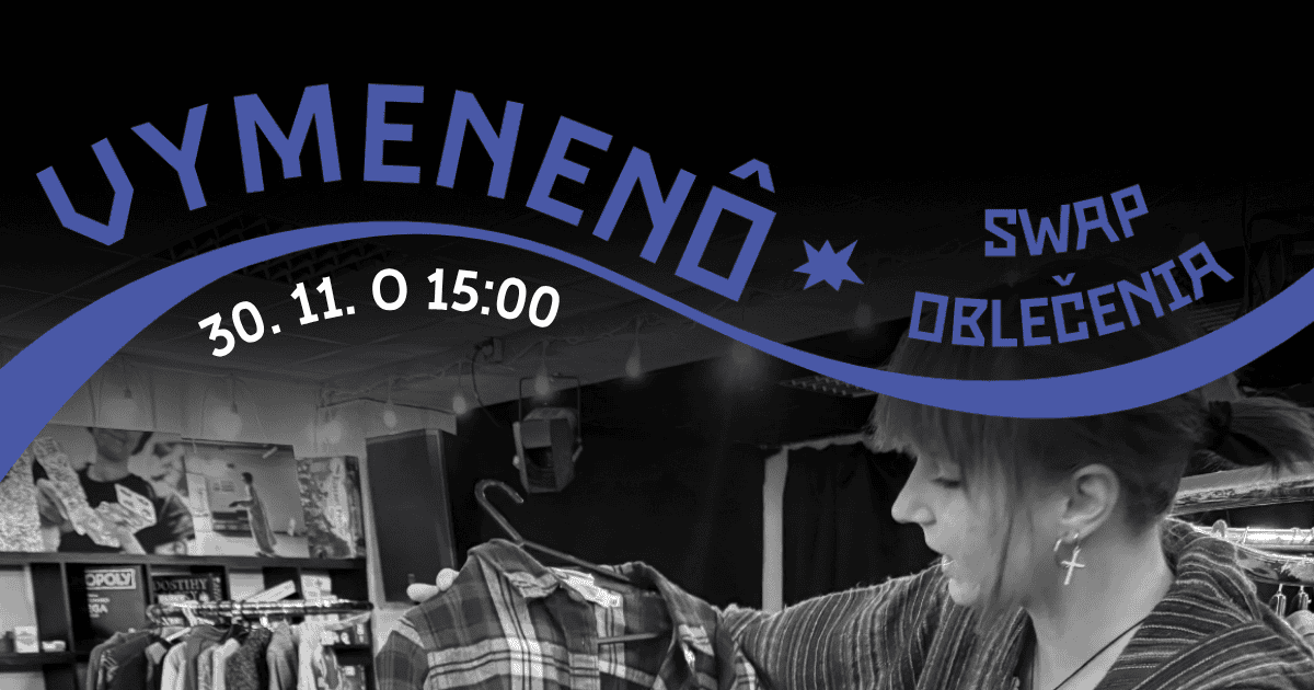 Alt text: "Plagát podujatia 'Swap oblečenia' v kultúrno-komunitnom dobrovoľníckom priestore Hory Doly v Liptovskom Mikuláši, konajúci sa 30. novembra o 15:00, s grafikou a osobou, ktorá prezerá oblečenie."