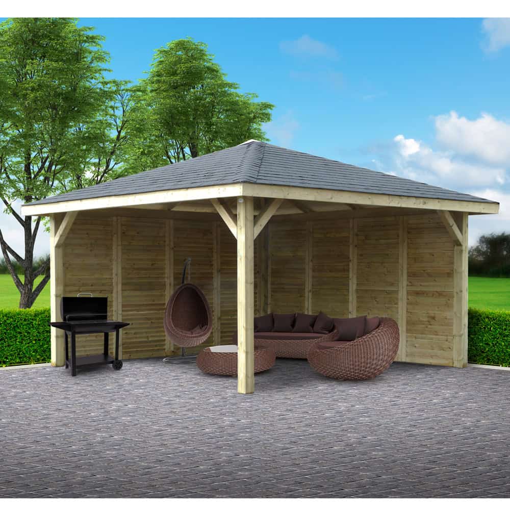 Gazebo in Legno Chiuso KIOSK Tetto con tegole + frangivista 437x437 cm - Antivento-0 Gazebo in Legno Chiuso KIOSK Tetto con tegole + frangivista 437x437 cm - Antivento-0