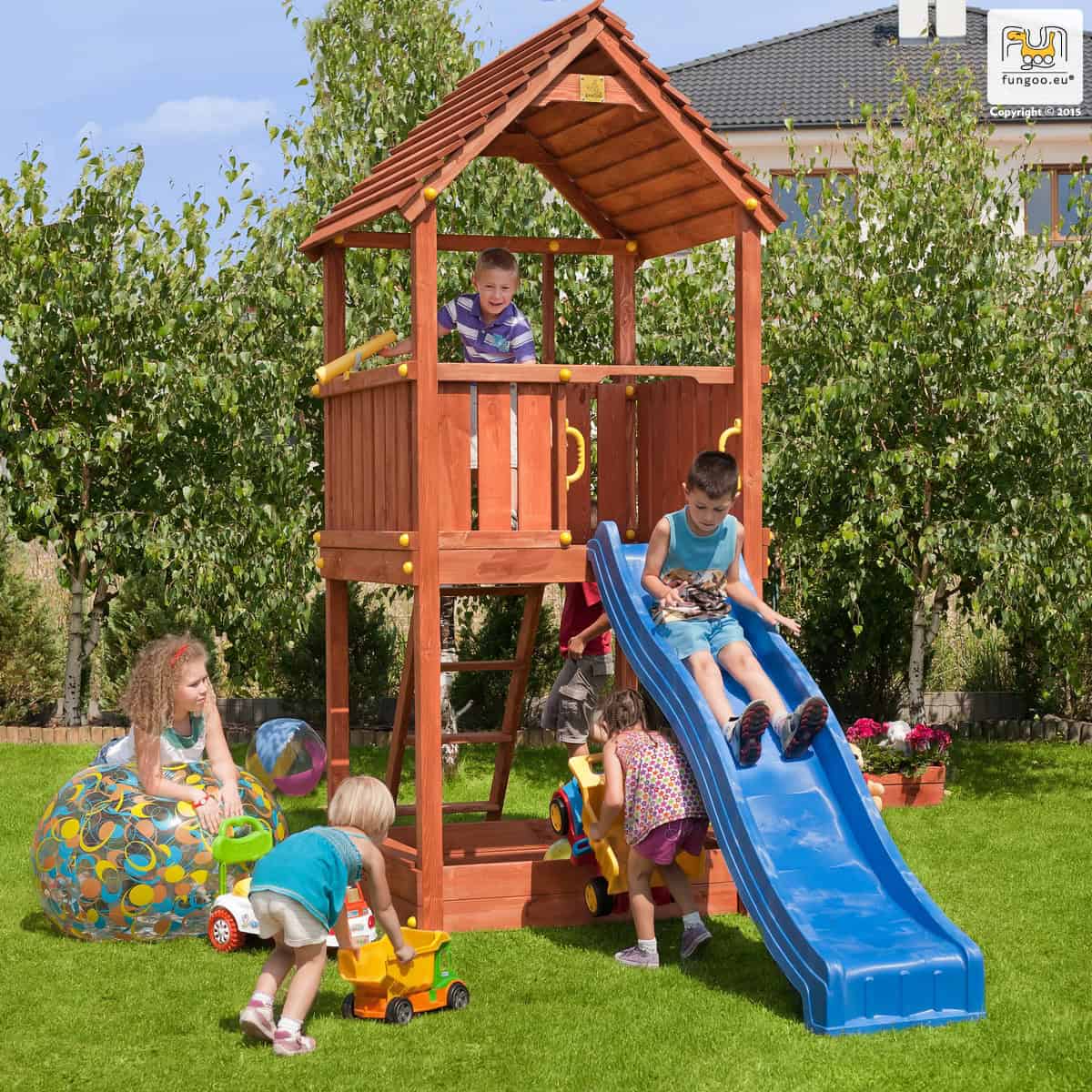 Parco Giochi in Legno Verniciato Color Teak Fungoo JOY Torre con Scivolo-0 Parco Giochi in Legno Verniciato Color Teak Fungoo JOY Torre con Scivolo-0