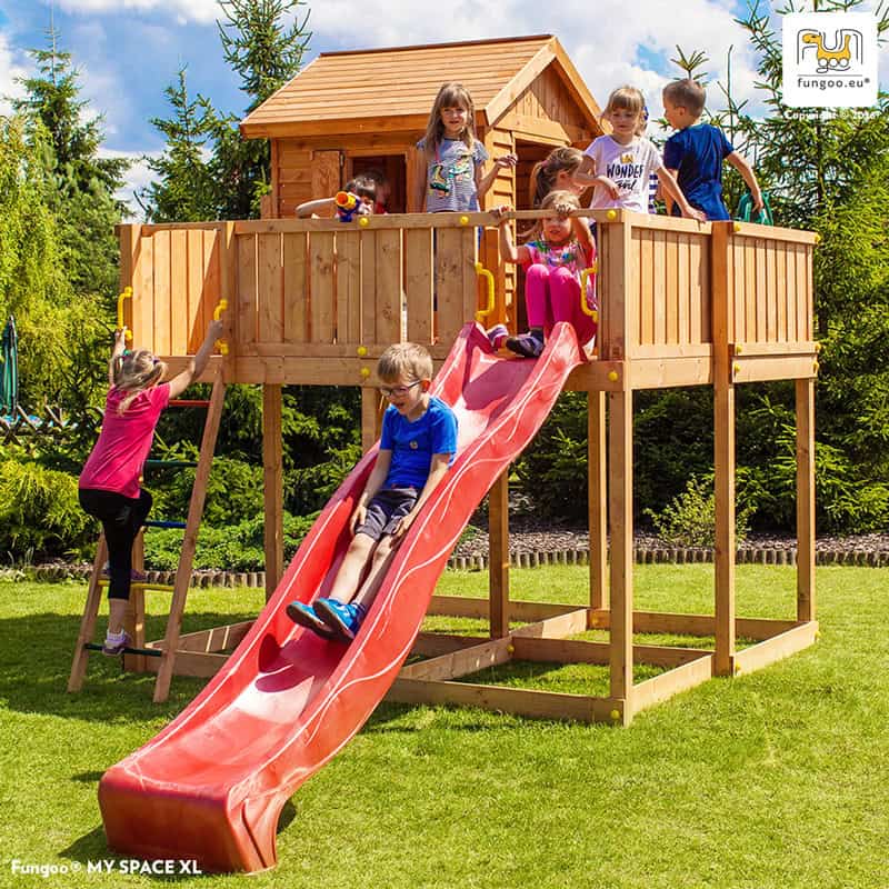 Parco Giochi in Legno Verniciato Color Teak Fungoo MY SPACE XL Torre con Scivolo e Casetta-0 Parco Giochi in Legno Verniciato Color Teak Fungoo MY SPACE XL Torre con Scivolo e Casetta-0