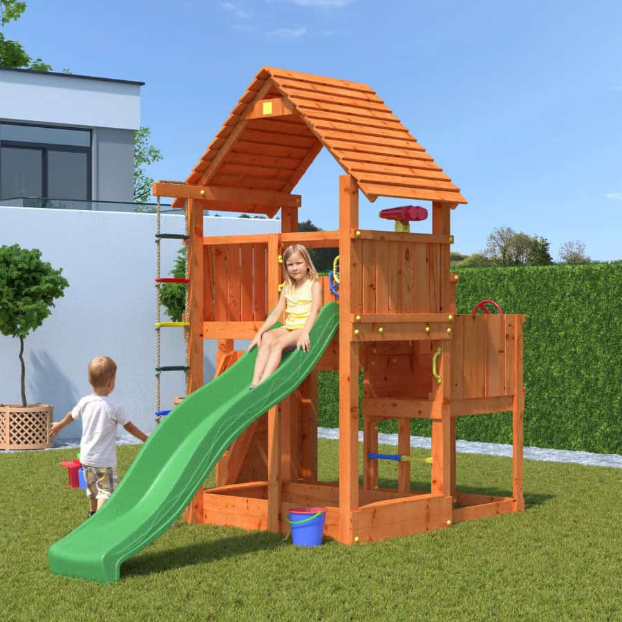 Parco Giochi in Legno Verniciato Color Teak Fungoo BIG LEADER Torre con Scivolo e Parete per Arrampicata-0 Parco Giochi in Legno Verniciato Color Teak Fungoo BIG LEADER Torre con Scivolo e Parete per Arrampicata-0