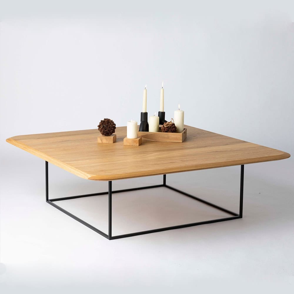 Tavolino da salotto in legno di Rovere impiallacciato con struttura in metallo nero verniciato - 120 x 120 x 40 h. cm-0 Tavolino da salotto in legno di Rovere impiallacciato con struttura in metallo nero verniciato - 120 x 120 x 40 h. cm-0