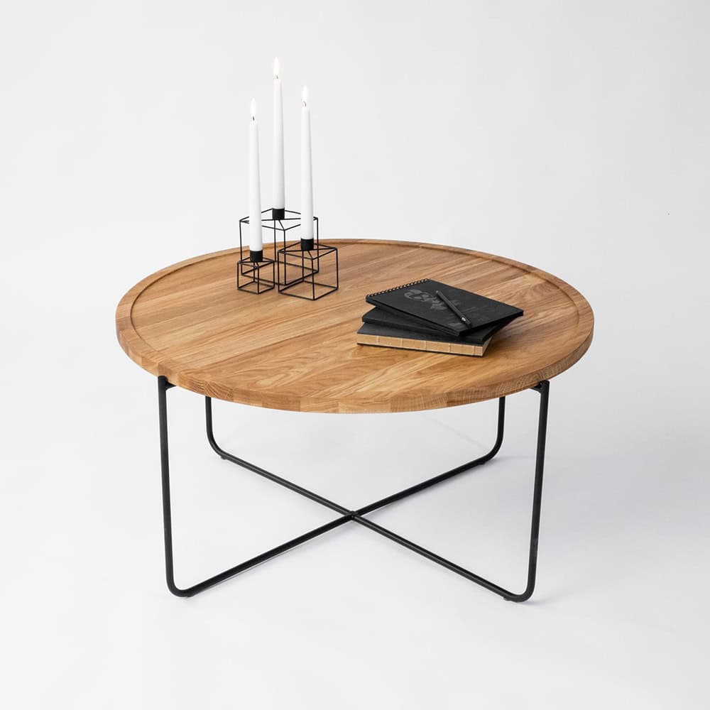 Tavolino da salotto in legno Massello di Rovere ALBERT con gambe in metallo nero verniciato - Ø 80 cm x 41 h. cm-0 Tavolino da salotto in legno Massello di Rovere ALBERT con gambe in metallo nero verniciato - Ø 80 cm x 41 h. cm-0