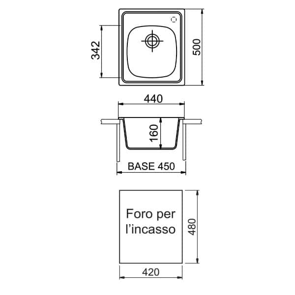 Disegno tecnico del lavello da incasso