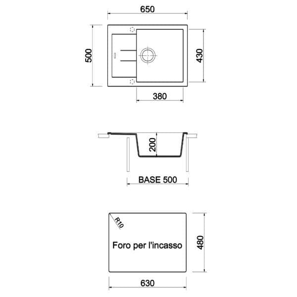 Built-in kitchen sink size diagram.