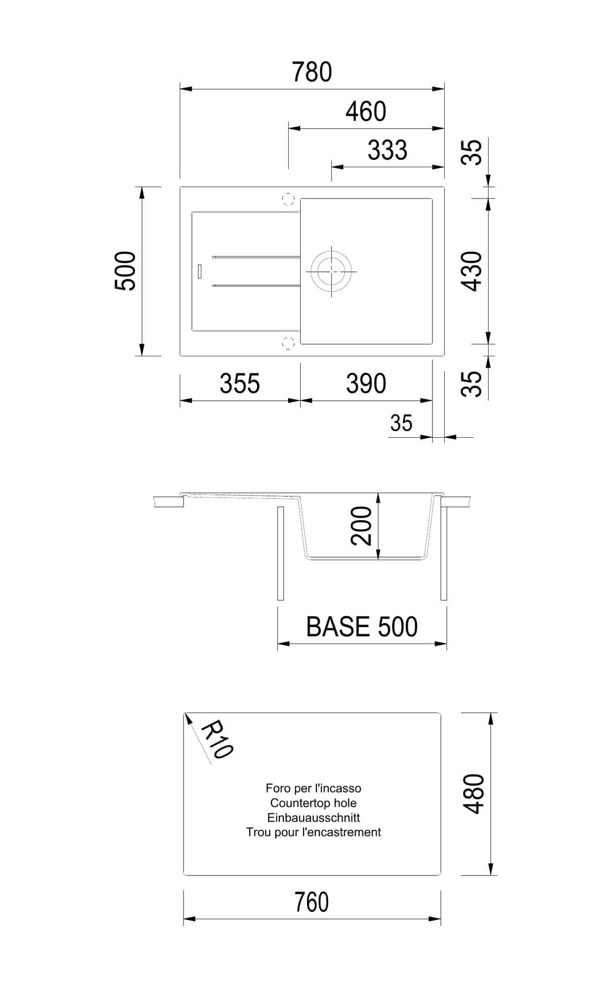 Disegno tecnico e quote del lavello Plados AM7810