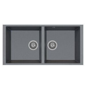 Modern double sink in grey stainless steel.