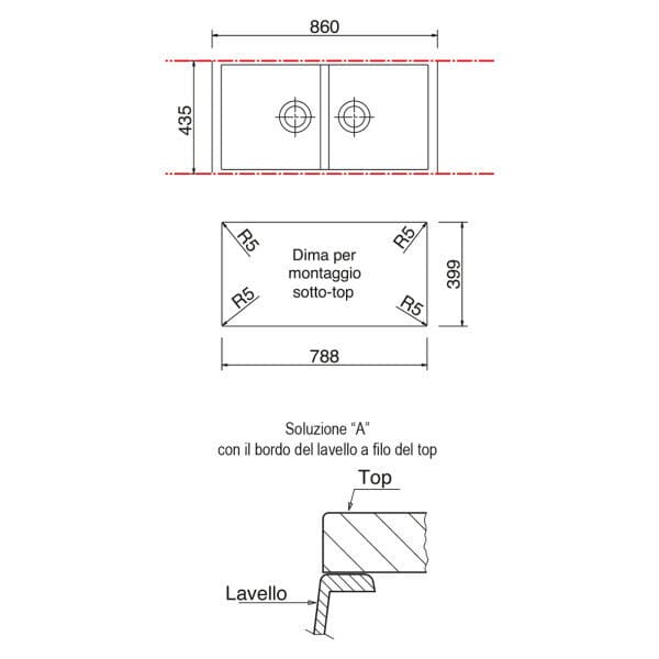 Schéma d'installation d'un évier avec dimensions et mesures techniques.