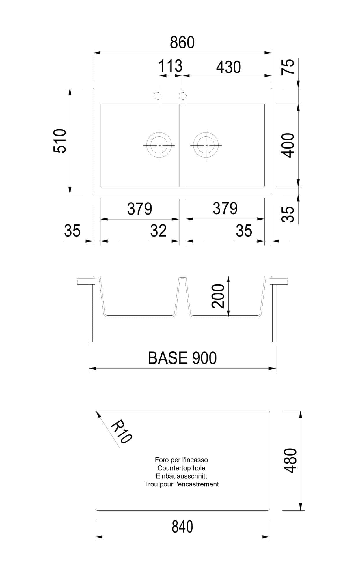 Disegno tecnico e quote del lavello Plados AM8620